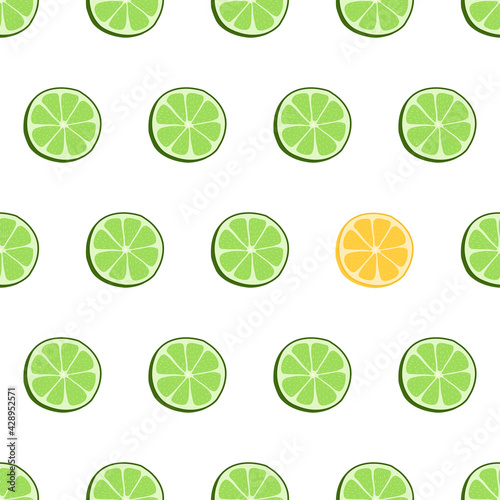 Hand drawn seamless pattern with circle sliced lime. Surface design. Fabric print texture with eye catching element - yellow slice of lemon
