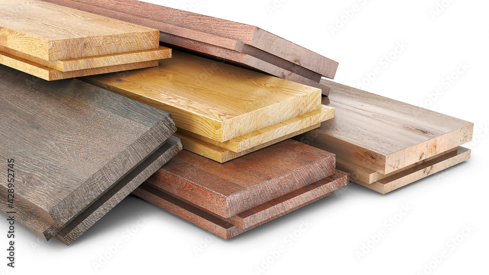 Different wooden parquet boards samples on a white background, 3d illustration - obrazy, fototapety, plakaty 
