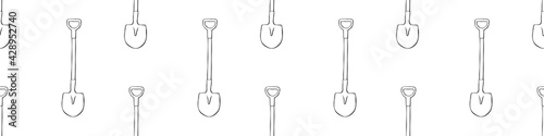 Seamless pattern with garden shovels, spades, scoops. Vector backgrounds and textures with tools for working on the farm, in dacha, country site in flat doodle style. Hand drawn isolated illustration