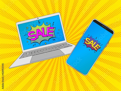 Laptop and phone with SALE inscription on the screens.  Pop Art vintage vector illustration