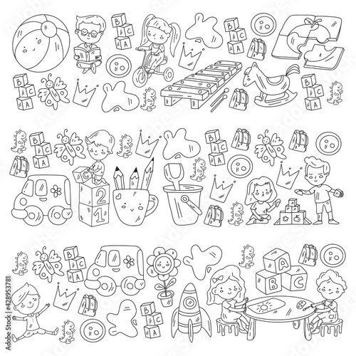 Kindergarten pattern with little children and toys. Creativity and imagination.