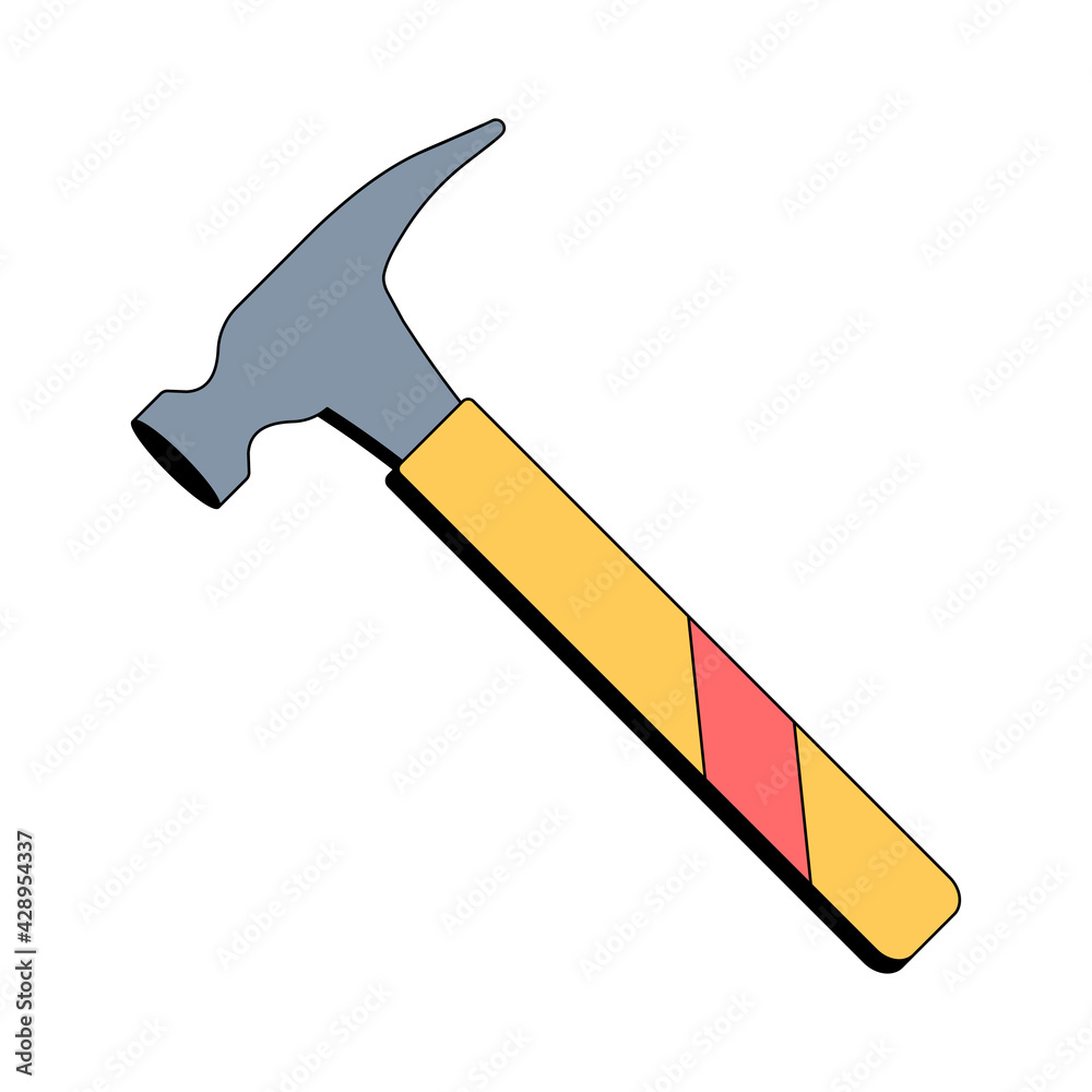 Yellow building hammer. Carpenter tool. Construction equipment. Vector illustration in flat style on white isolated background. Icon. Yellow building hammer. Carpenter tool. Construction equipment. Vector illustration in flat style on white isolated background. Icon.