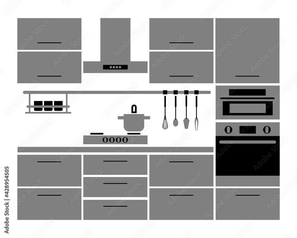 Kitchen furniture set. Vector silhouette icon.