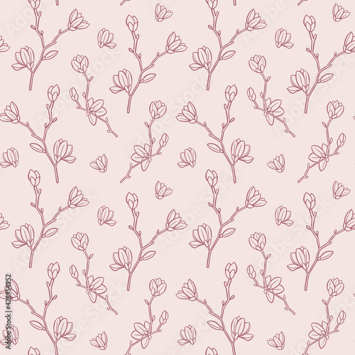 Magnolia seamless pattern. Outline magnolia flowers. Vector illustration.