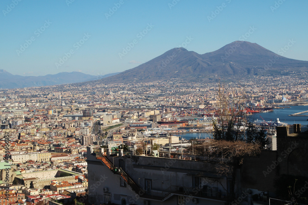 The panorama of Vesuvius volcano opening from promenade in Napoli The panorama of Vesuvius volcano opening from promenade in Napoli