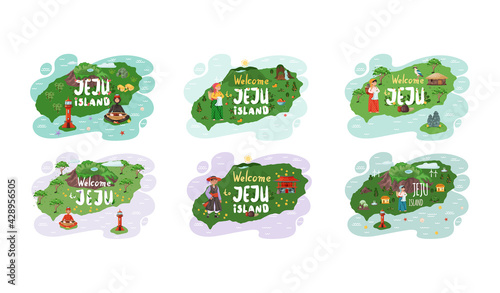 Wellcom to Jeju island in South Korea, traditional elements. Attraction landmarks of Jeju