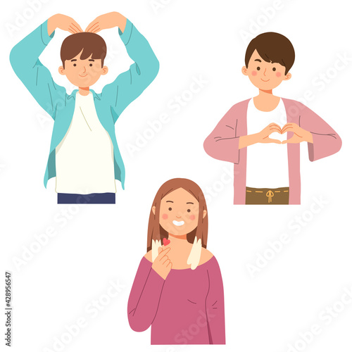 Man woman doing love heart hand gesture korean saranghae photo