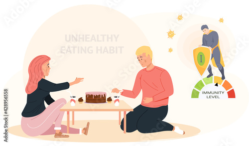 Couple with cake and soda on table. People with low level of immunity eat fatty high-calorie foods