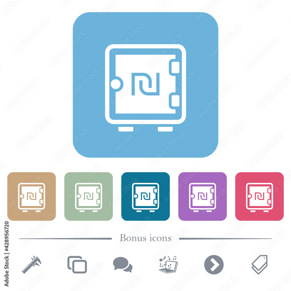 New Shekel strong box flat icons on color rounded square backgrounds New Shekel strong box flat icons on color rounded square backgrounds