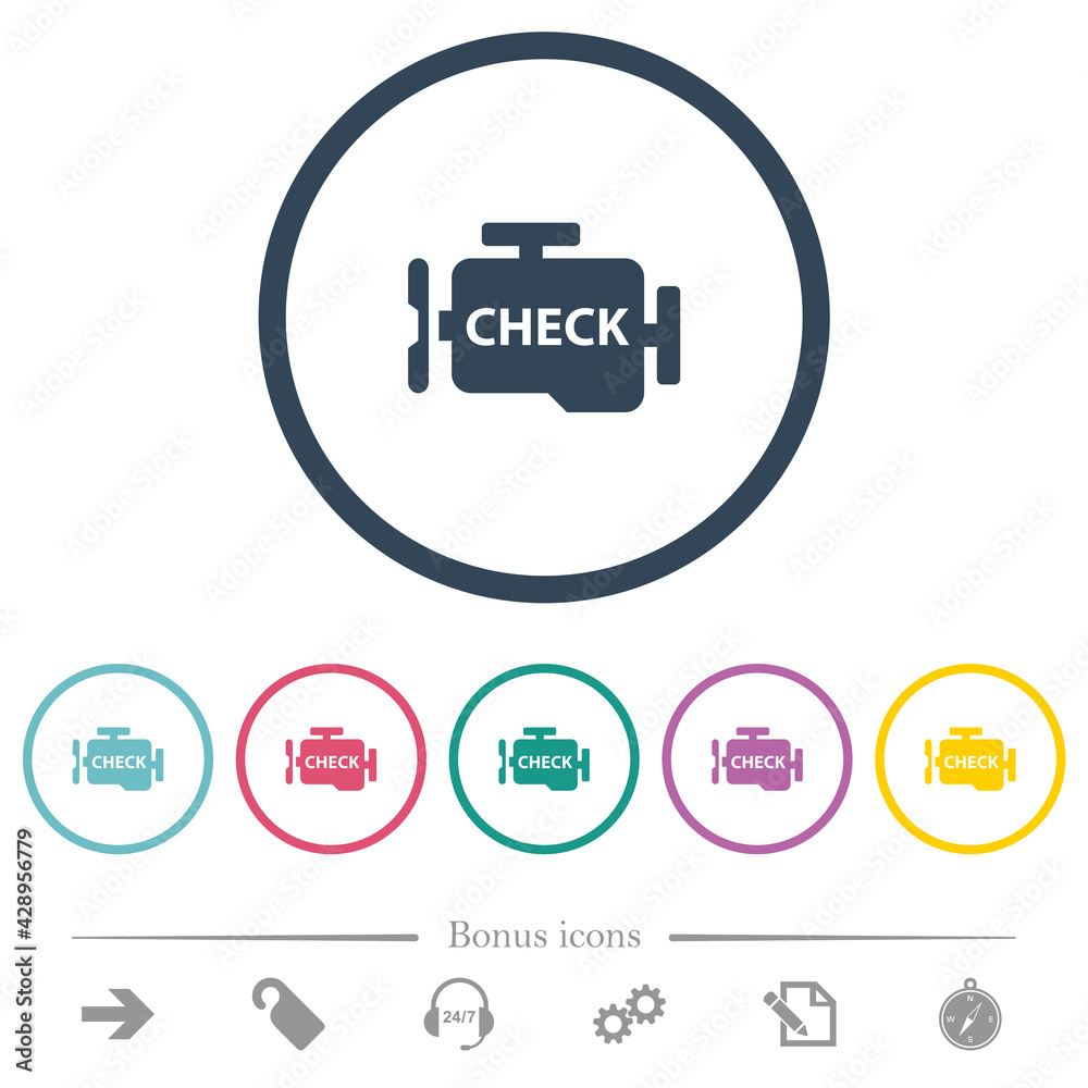 Check engine flat color icons in round outlines Check engine flat color icons in round outlines