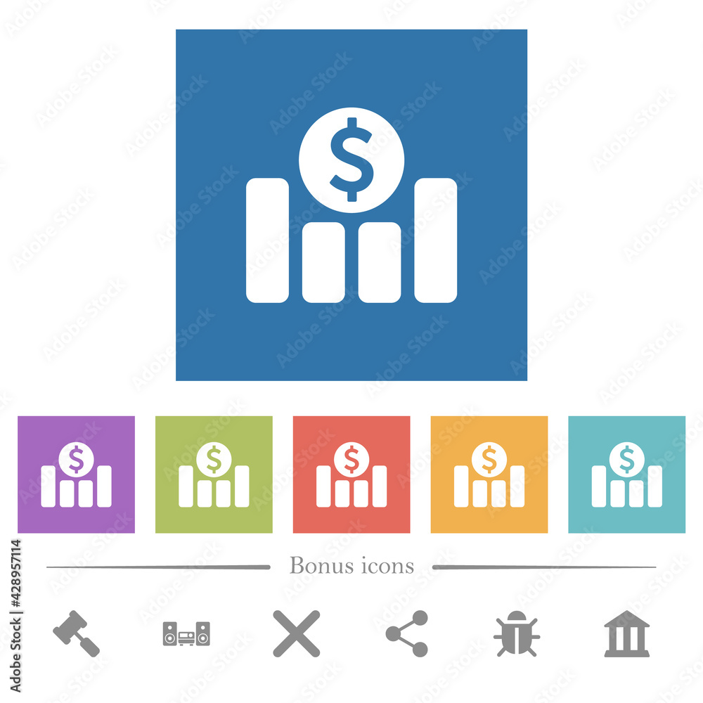 Dollar financial graph flat white icons in square backgrounds Dollar financial graph flat white icons in square backgrounds