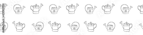 Seamless pattern with watering cans. Hand drawn outline vector background and texture in doodle style, isolated. Gardening tools for working in the garden, on the farm, in the dacha, country site