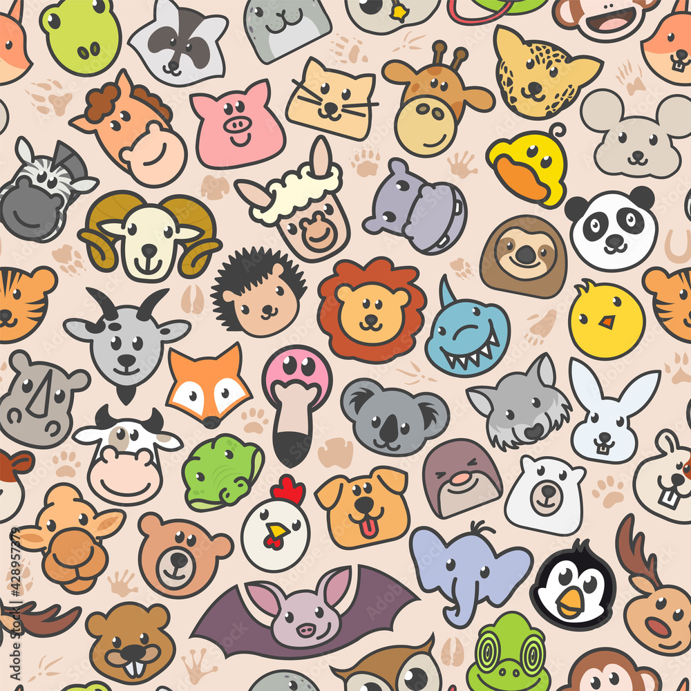 Obraz premium Vector cute animals seamless texture. Pattern of the faces of various mammals and birds. Print fabric vector pattern with pop art patches for print, party, children's room.