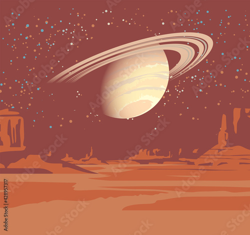 An alien planet landscape with a desert valley, rocks, and views of Saturn in a starry sky. Space fantastic background in brown colors. Color vector illustration of a lifeless scenery and a gas giant