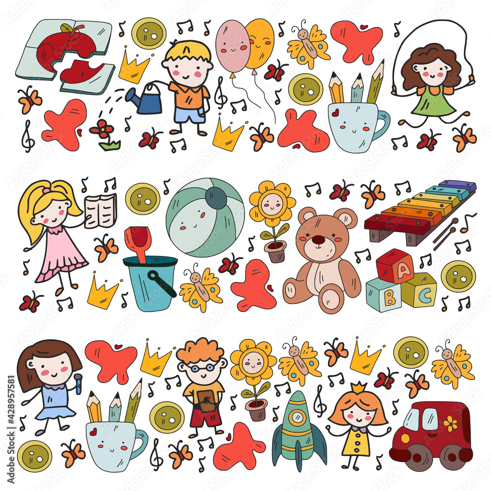 Kindergarten pattern with little children and toys. Creativity and imagination. Kindergarten pattern with little children and toys. Creativity and imagination.