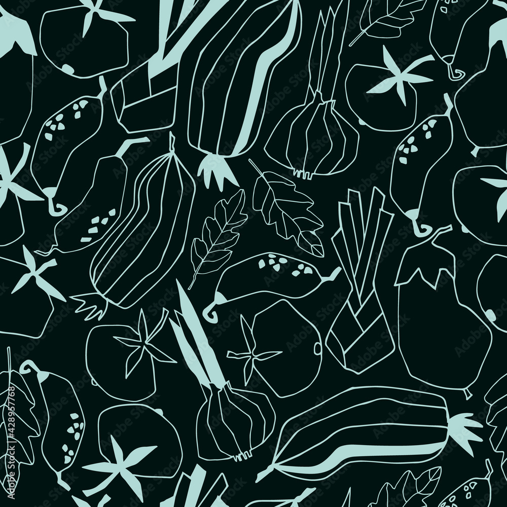 Fototapeta Seamless repeating pattern with vegetables. Geometric black-and-white trendy illustrations on black background