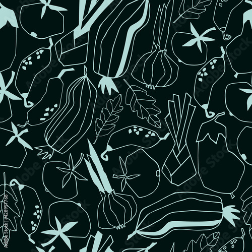 Seamless repeating pattern with vegetables. Geometric black-and-white trendy illustrations on black background
