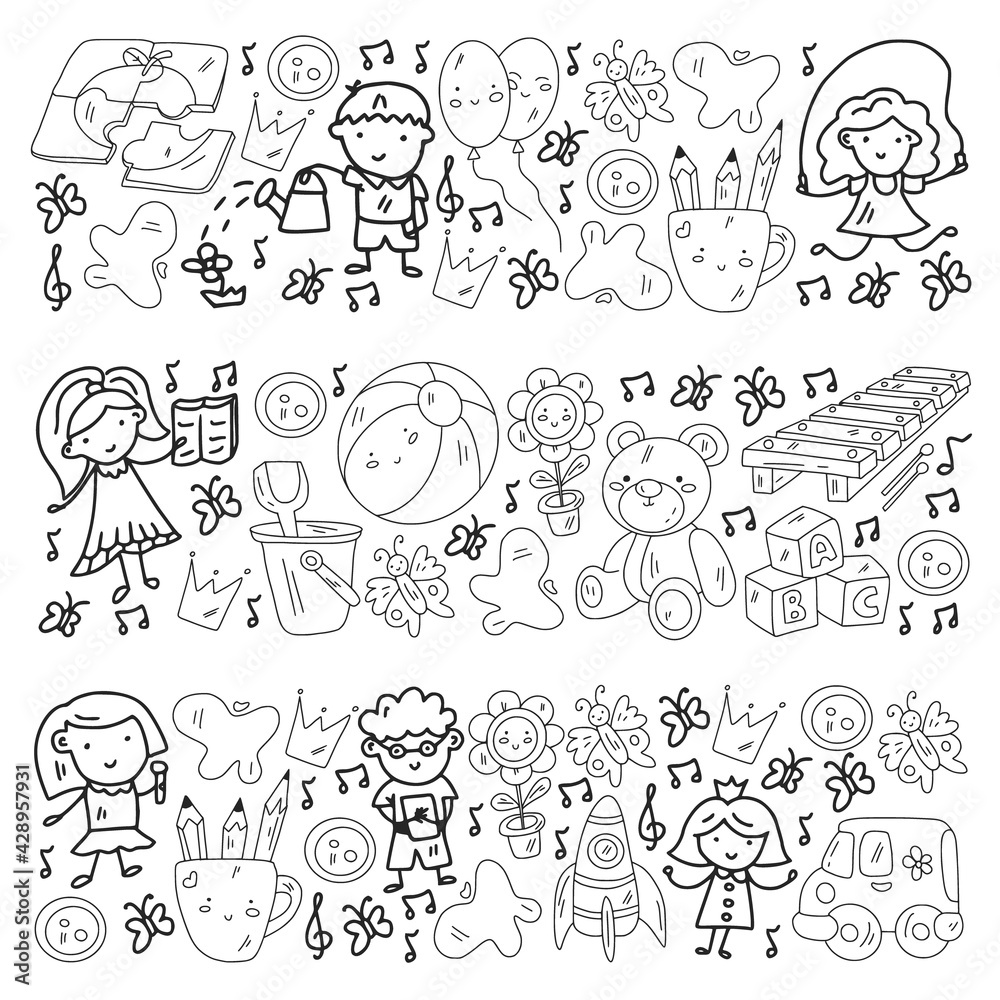 Kindergarten pattern with little children and toys. Creativity and imagination.