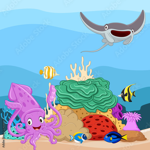 Cartoon tropical fish and beautiful underwater world with corals