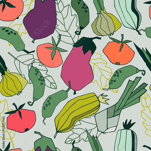 Seamless repeating pattern with vegetables. Abstract trendy illustrations on light-colored background
