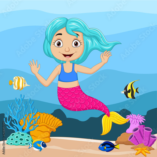 Cartoon little mermaid in the underwater world