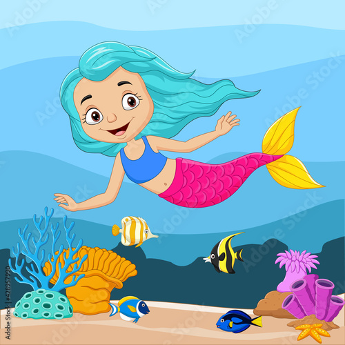 Cartoon little mermaid in the underwater background