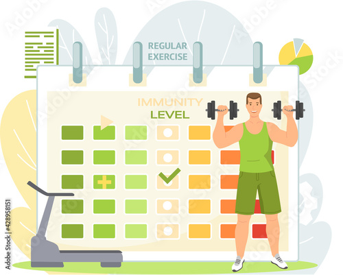 Athlete, powerlifter lifting dumbbells against background of poster with level of immunity