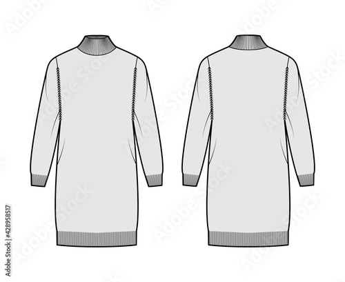 Turtleneck dress Sweater technical fashion illustration with long sleeves, oversized body, knee length, knit trim. Flat jumper apparel front, back, grey color style. Women men unisex CAD mockup