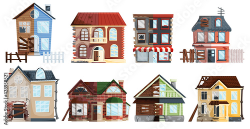 Remodel building transformation. Old and new building, remodeling. Renovation and repair facade