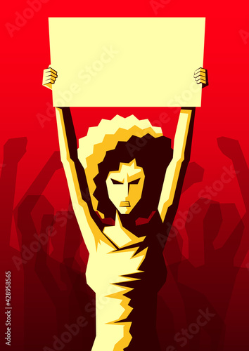 Angry woman with afro hairstyle raised up placard with copy space, and silhouette of crowd of people hands raised in the air on the background. Revolution, political protest. Vector