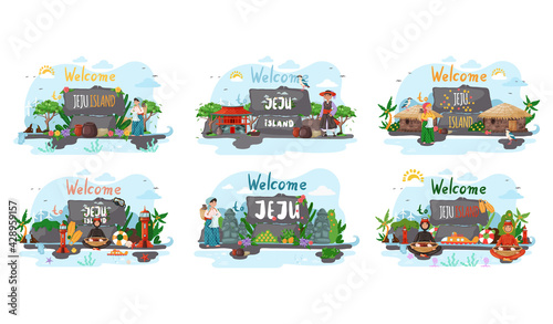Wellcom to Jeju island in South Korea, traditional elements. Attraction landmarks of Jeju