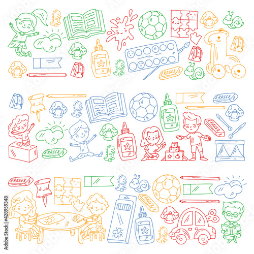 Kindergarten pattern with little children and toys. Creativity and imagination.