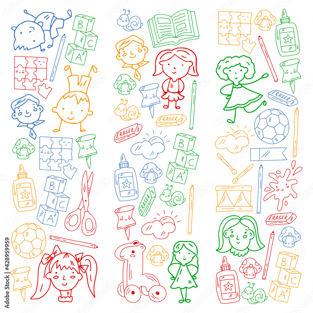Kindergarten pattern with little children and toys. Creativity and imagination. Kindergarten pattern with little children and toys. Creativity and imagination.
