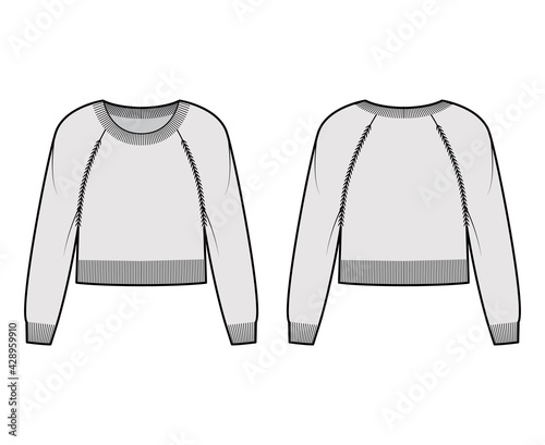 Round neck Sweater cropped technical fashion illustration with long raglan sleeves, waist length, knit rib trim. Flat jumper apparel front, back, grey color style. Women men unisex CAD mockup
