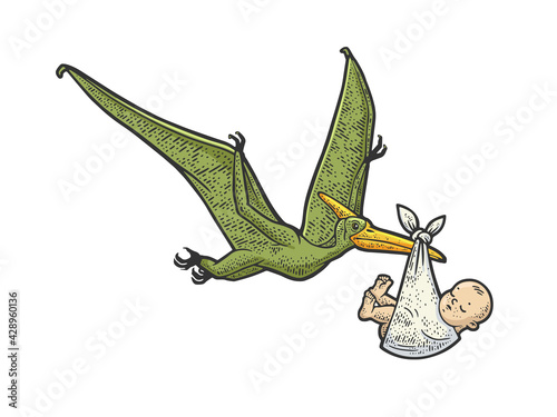 pterodactyl carries newborn baby color sketch engraving vector illustration. T-shirt apparel print design. Scratch board imitation. Black and white hand drawn image.