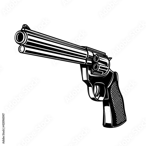 Illustration of revolver in monochrome style. Design element for logo, label, sign, poster, card. Vector illustration