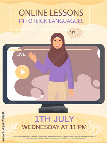 Woman teacher in national arab hijab speaks foreign language during online lesson on monitor