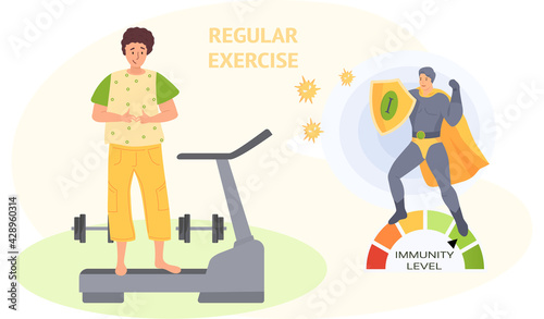 Superhero demonstrates high level of immunity. Woman is standing on treadmill vector illustration