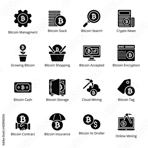 Bitcoin Mining Glyph Icons - Solid, Vectors