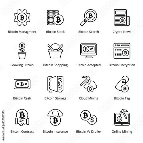 Bitcoin Mining Outline Icons - Stroked, Vectors