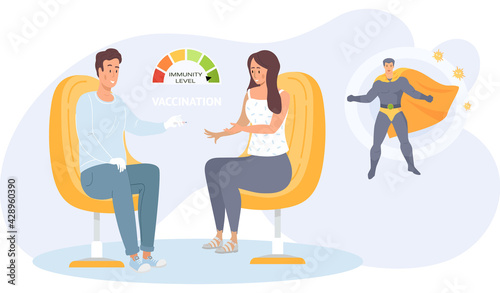 Guy communicates with girl about injection. Virus vaccination, doctor gives syringe to patient