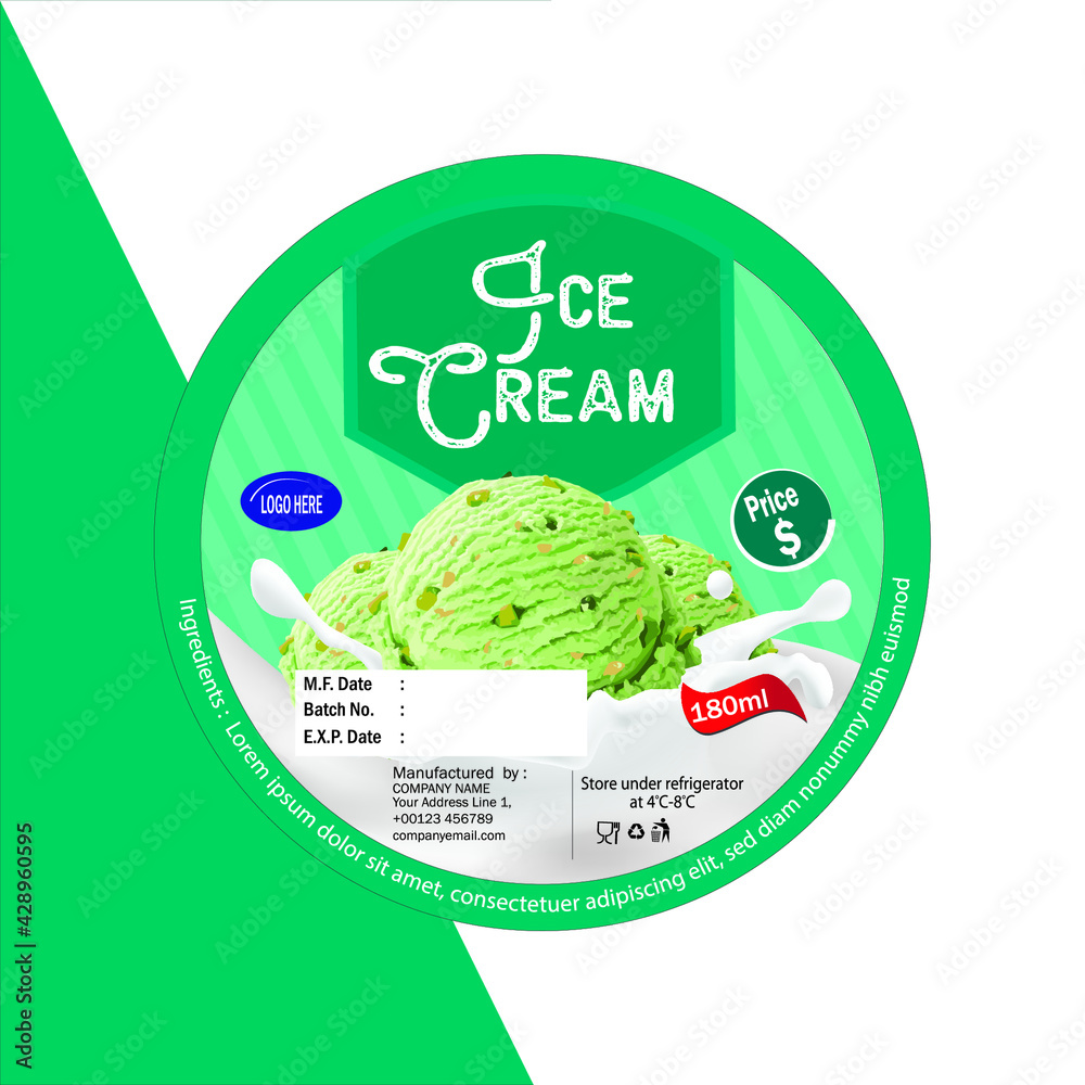 ice cream round label design, green label design, fruit and nuts ice