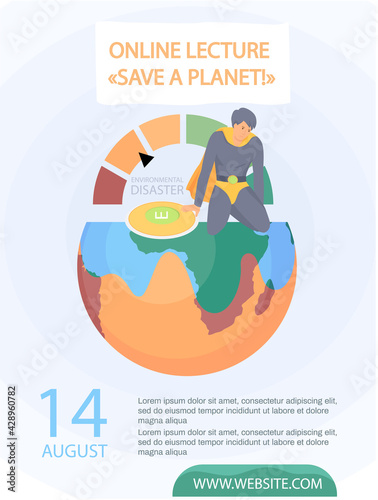 Angry defeated superhero with shield sitting on destroyed Earth. Online lecture about planet saving