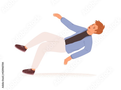 Person falling down. Fall or failure of young man isolated on white background. Psychological concept of life crisis, difficulties, troubles and problems. Colored flat vector illustration