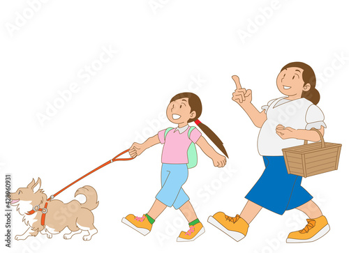 犬と散歩を楽しむ仲良し親子