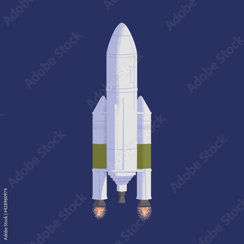 Intergalactic rocket launch. Rocketship flying in outer space. Cosmos flight of galactic shuttle or spaceship. Colored flat vector illustration of spacecraft with fire flames from engine