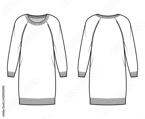Round neck dress Sweater technical fashion illustration with long raglan sleeves, oversized, knee length, knit rib trim. Flat jumper apparel front, back, white color style. Women men unisex CAD mockup