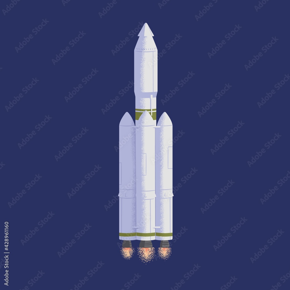 Cosmic rocket flying in open space with engine fire flames. Futuristic rocketship or spaceship. Shuttle during cosmos flight. Colored flat textured vector illustration of intergalactic transport Cosmic rocket flying in open space with engine fire flames. Futuristic rocketship or spaceship. Shuttle during cosmos flight. Colored flat textured vector illustration of intergalactic transport