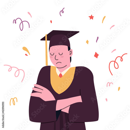 Class of. University or college graduate. Sad guy in graduation gown and cap.