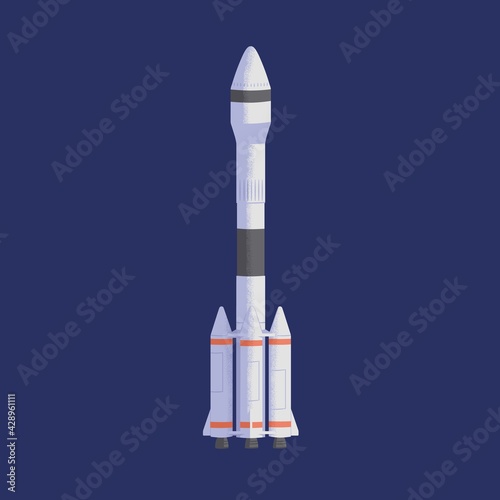 Isolated rocket flying in stratosphere. Futuristic rocketship or spaceship during universe traveling. Flight of intergalactic cosmic shuttle. Colored flat vector illustration of space transport
